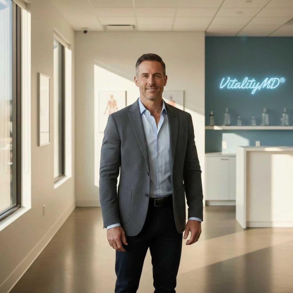 Active middle-aged man jogging outdoors representing men's health and age management results at VitalityMD Toronto