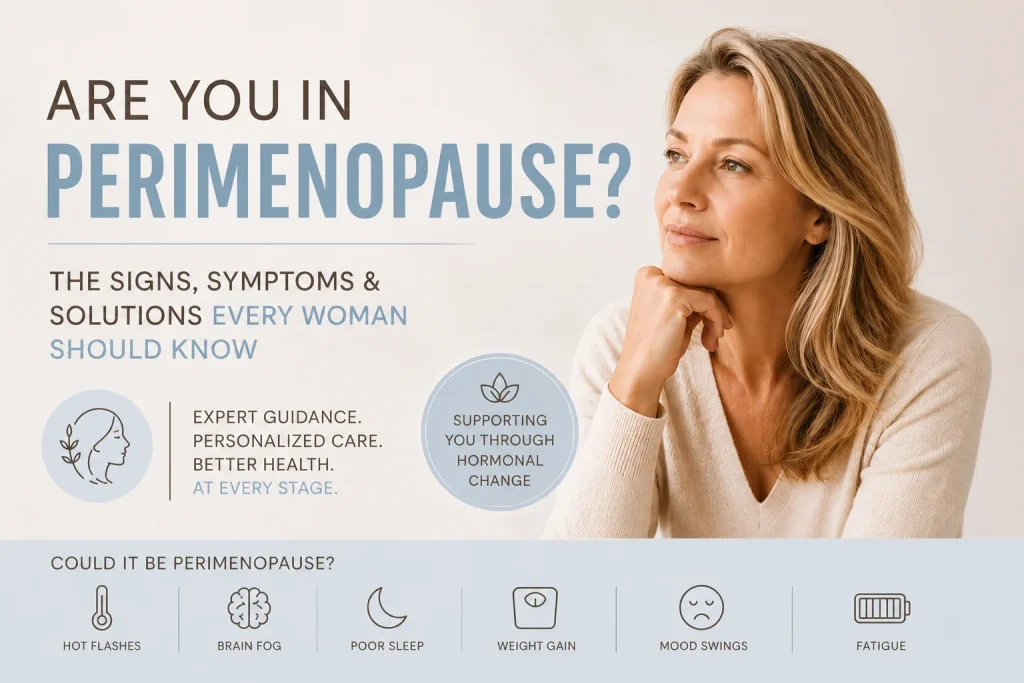 Perimenopause symptoms including brain fog, weight gain, fatigue, hot flashes, poor sleep, and mood swings