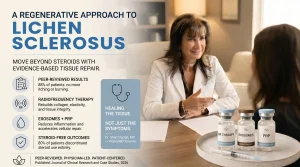 Dr. Shari Caplan, MD consulting with a patient at VitalityMD Toronto, discussing a peer-reviewed regenerative treatment protocol for lichen sclerosus combining radiofrequency therapy, exosomes, and PRP.